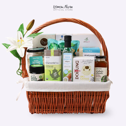 Wellness Gift Basket with a Light Brown Fabric-Lined Square Basket